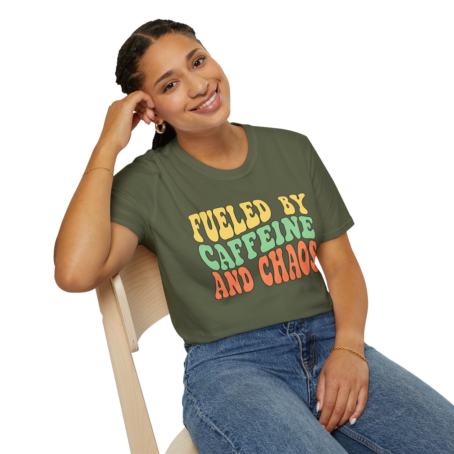 Fueled by Caffeine and Chaos T-Shirt — Retro Graphic Coffee Lover Tee