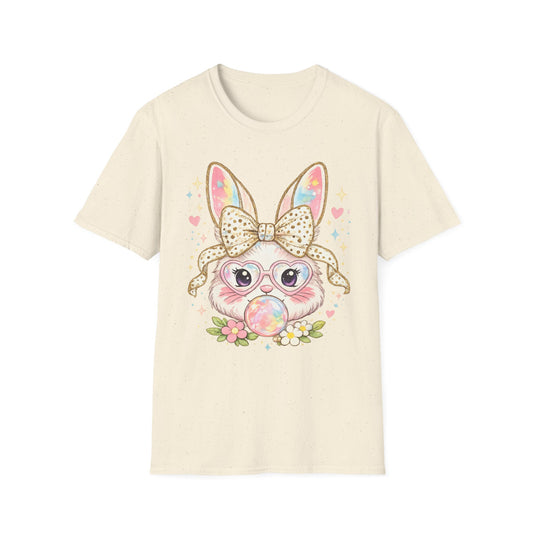 Cute Bunny Bubblegum T-Shirt — Pastel Bunny with Glasses & Bow
