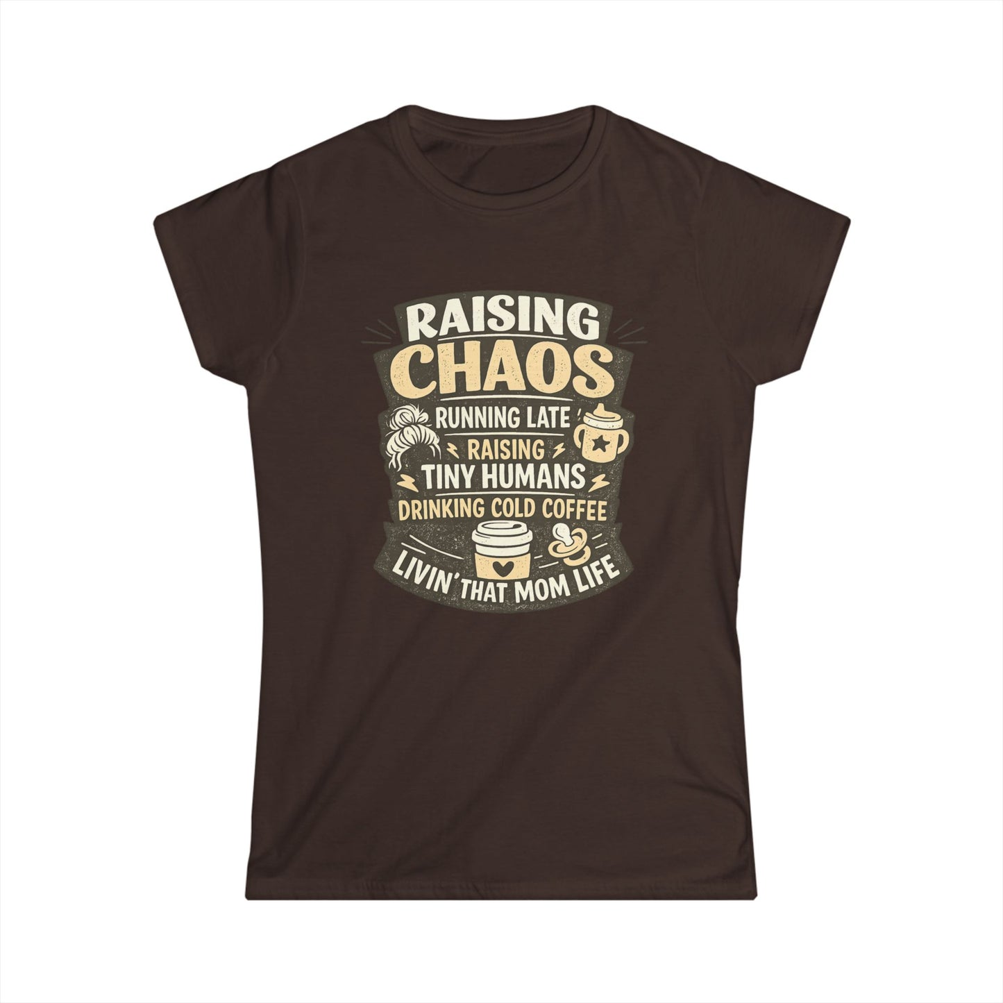 Raising Chaos Mom T-Shirt – "Raising Tiny Humans, Drinking Cold Coffee" Tee