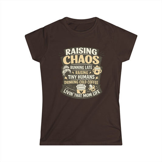 Raising Chaos Mom T-Shirt – "Raising Tiny Humans, Drinking Cold Coffee" Tee