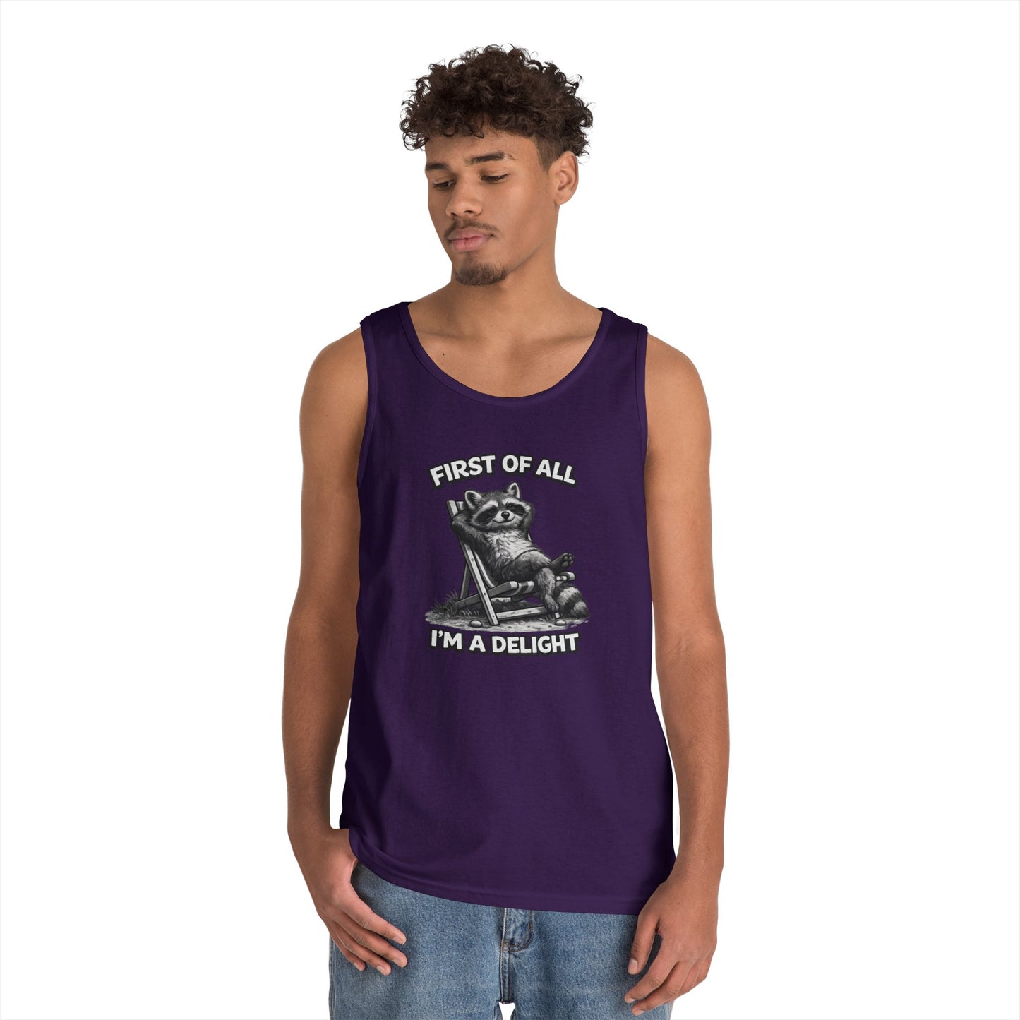 Tank Top — Relaxed Raccoon "First of All I'm a Delight" Graphic