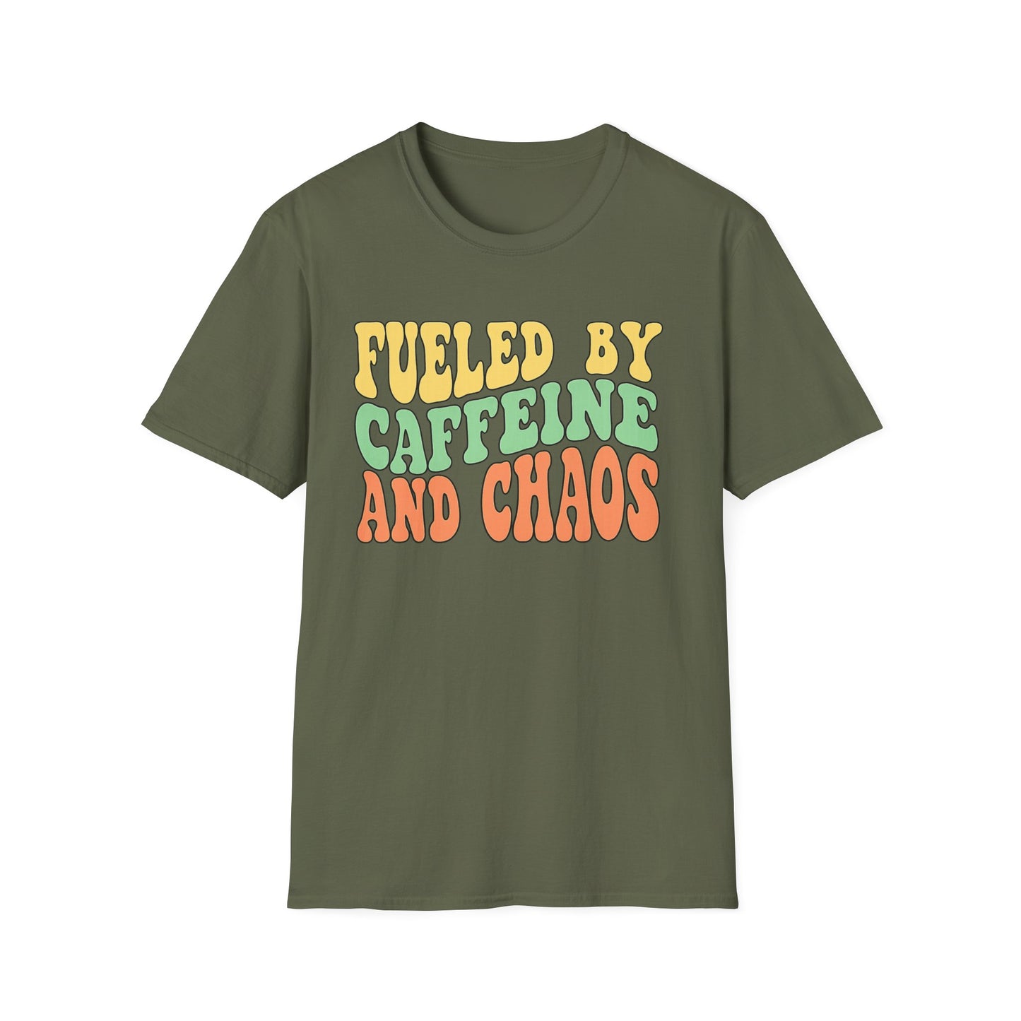 Fueled by Caffeine and Chaos T-Shirt — Retro Graphic Coffee Lover Tee