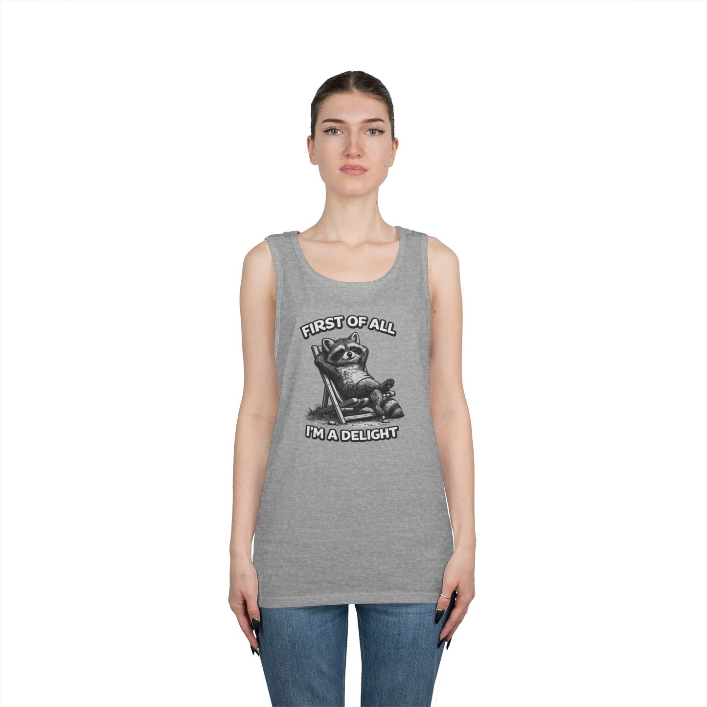 Tank Top — Relaxed Raccoon "First of All I'm a Delight" Graphic