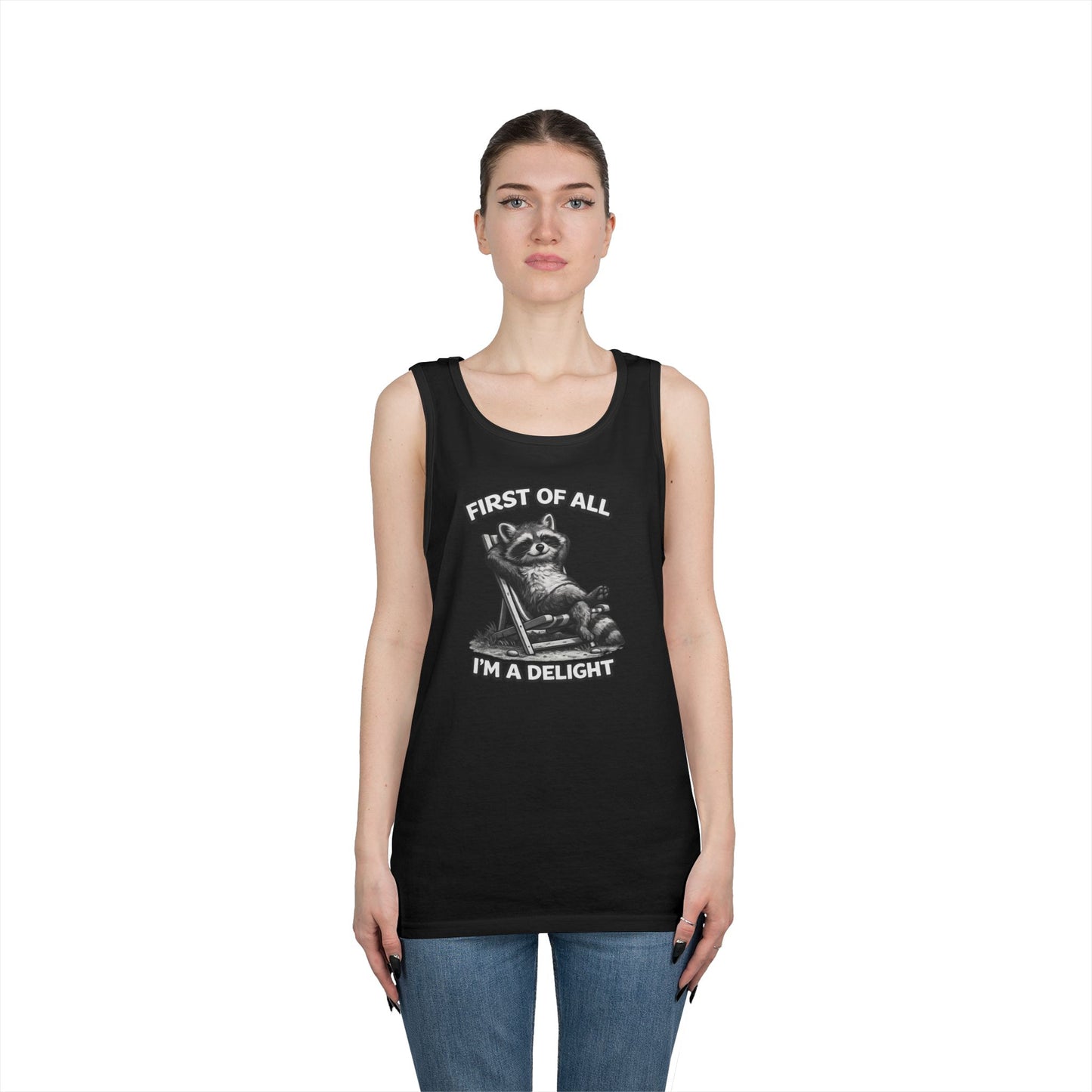 Tank Top — Relaxed Raccoon "First of All I'm a Delight" Graphic