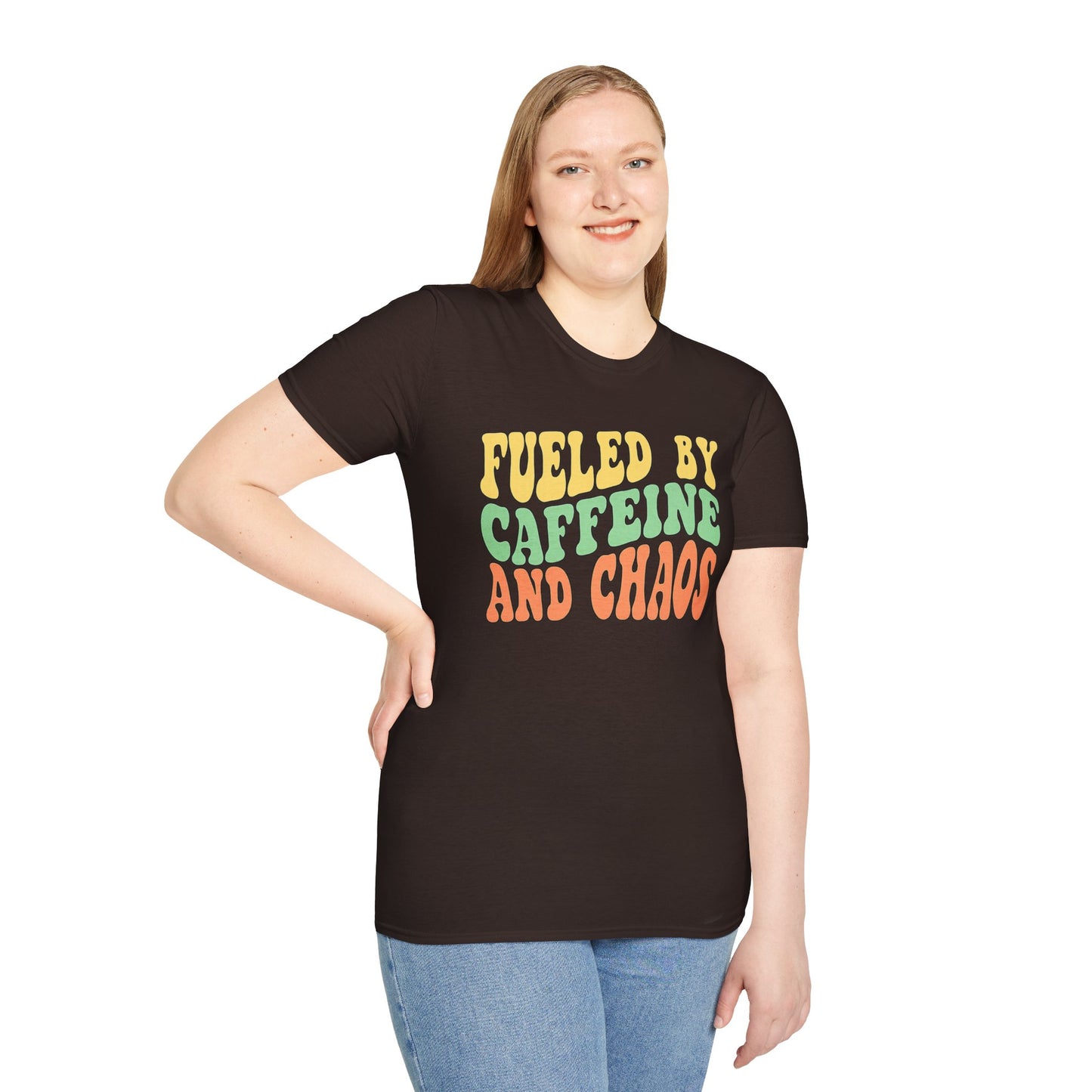 Fueled by Caffeine and Chaos T-Shirt — Retro Graphic Coffee Lover Tee