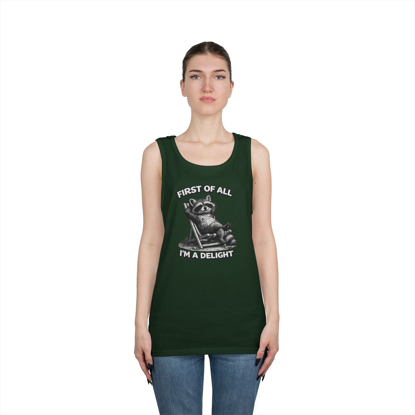 Tank Top — Relaxed Raccoon "First of All I'm a Delight" Graphic