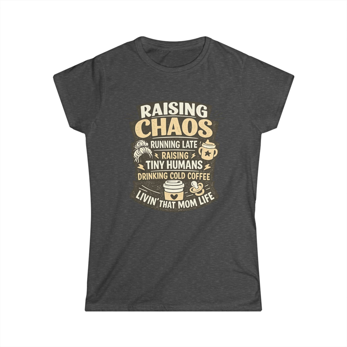 Raising Chaos Mom T-Shirt – "Raising Tiny Humans, Drinking Cold Coffee" Tee