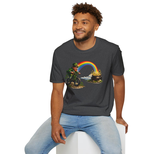 St. Patrick’s Leprechaun Bike T-Shirt — Rainbow to Pot of Gold Graphic Tee