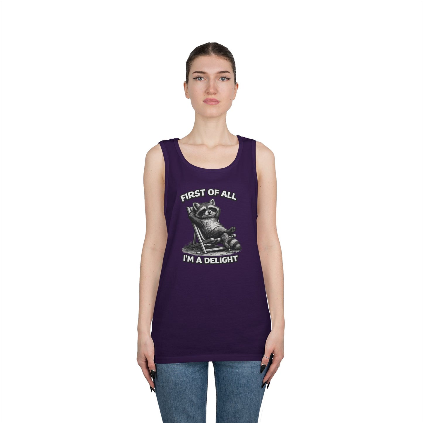 Tank Top — Relaxed Raccoon "First of All I'm a Delight" Graphic