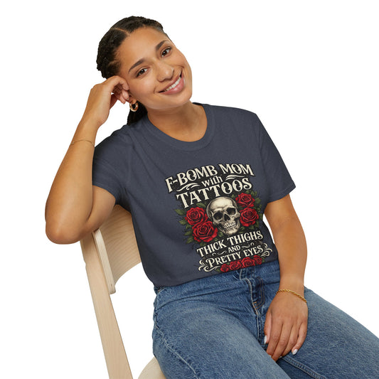 F-Bomb Mom T-Shirt – 'F-Bomb Mom with Tattoos, Thick Thighs and Pretty Eyes' Graphic Tee