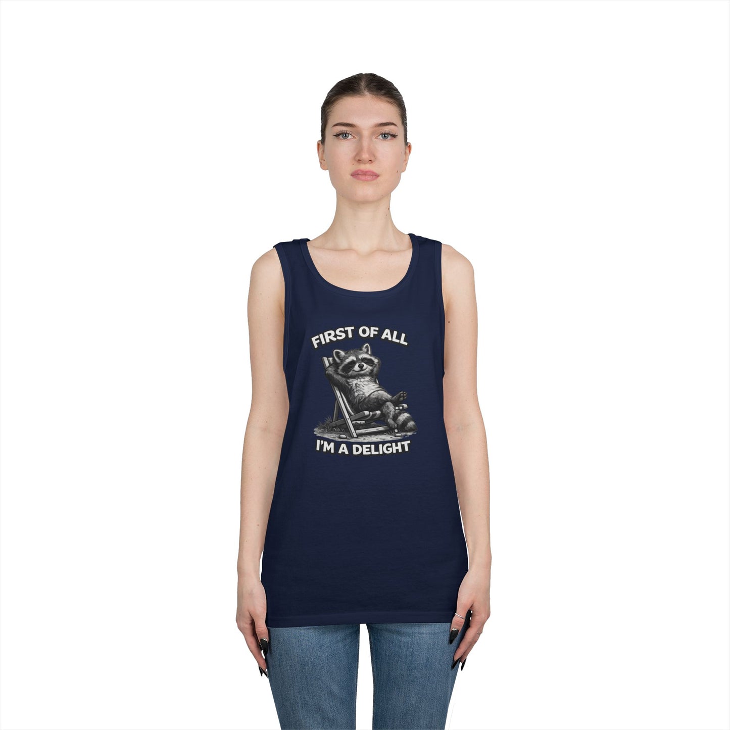 Tank Top — Relaxed Raccoon "First of All I'm a Delight" Graphic
