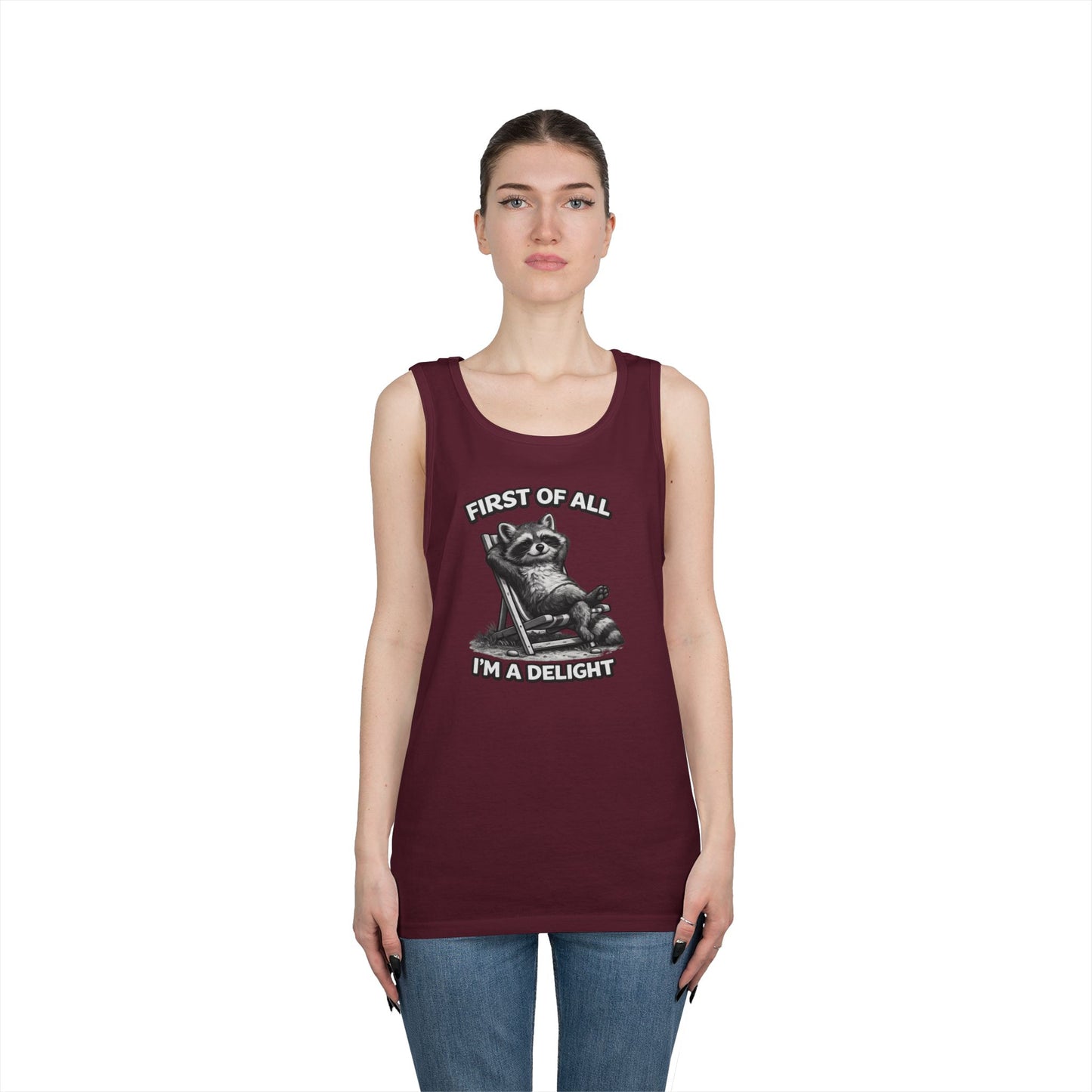 Tank Top — Relaxed Raccoon "First of All I'm a Delight" Graphic