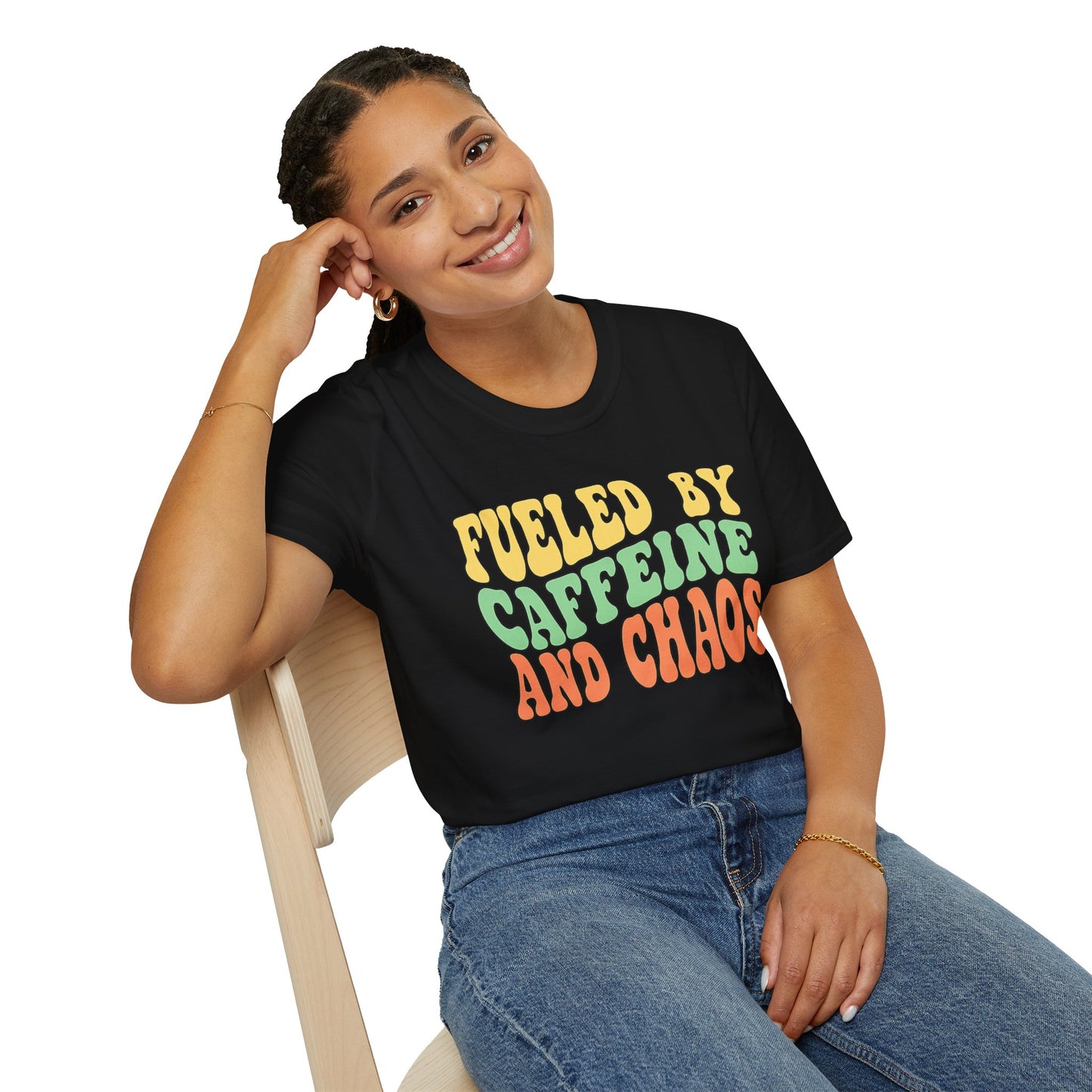Fueled by Caffeine and Chaos T-Shirt — Retro Graphic Coffee Lover Tee