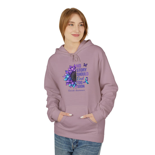 Suicide Awareness Hoodie — "No Story Should End Too Soon" Purple Ribbon