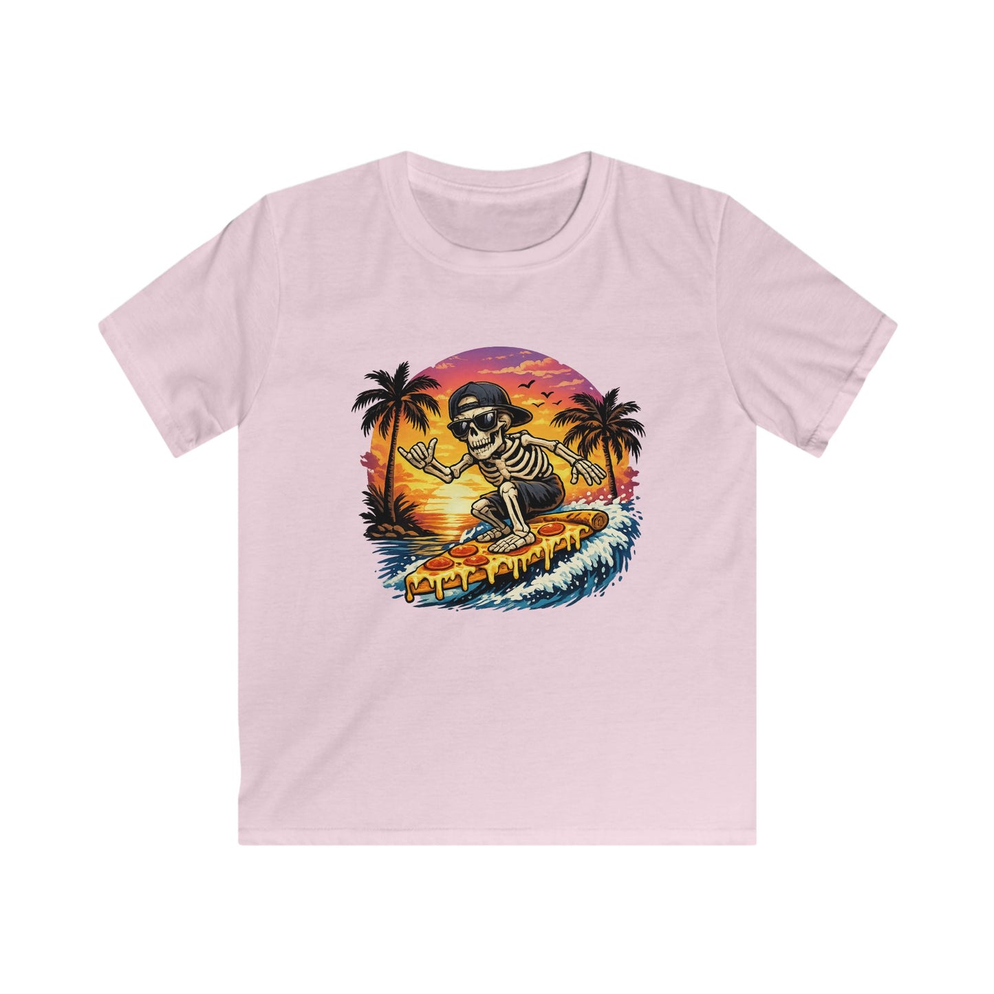 Kids Surf Skeleton Tee — Retro Sunset Skate & Surf Graphic Shirt