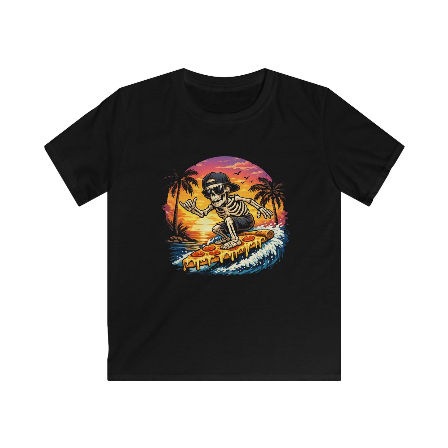 Kids Surf Skeleton Tee — Retro Sunset Skate & Surf Graphic Shirt