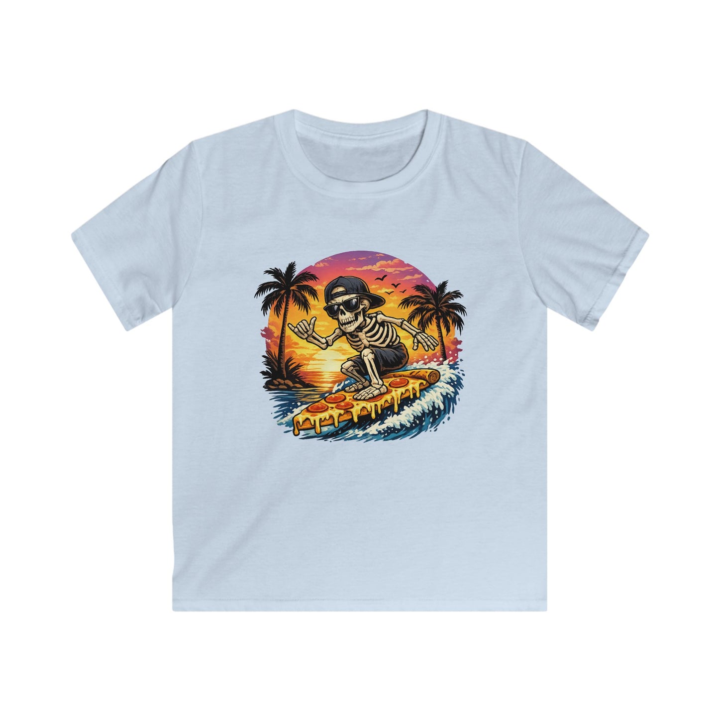 Kids Surf Skeleton Tee — Retro Sunset Skate & Surf Graphic Shirt