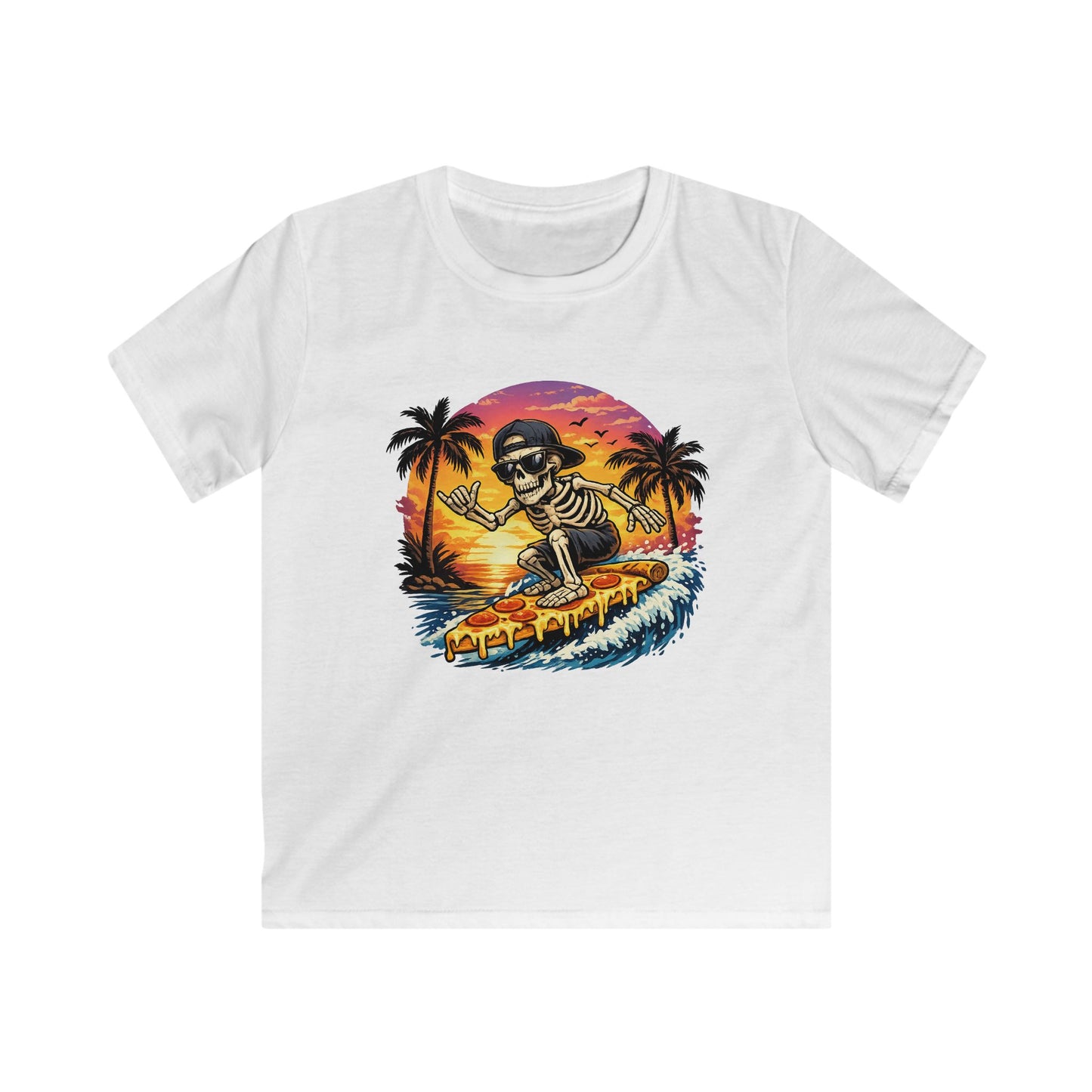 Kids Surf Skeleton Tee — Retro Sunset Skate & Surf Graphic Shirt