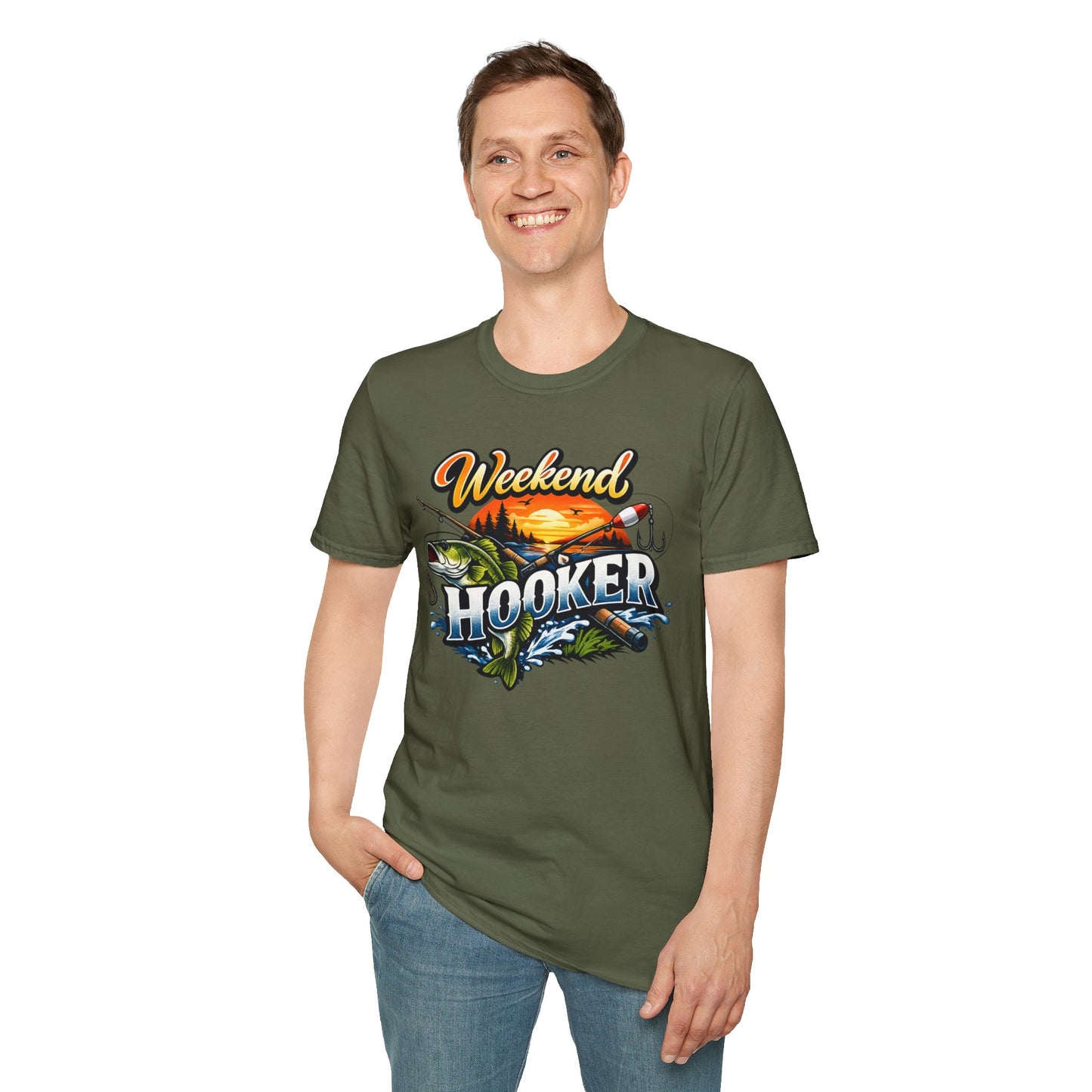 Weekend Hooker Fishing T-Shirt — Bass Sunset Angler Tee